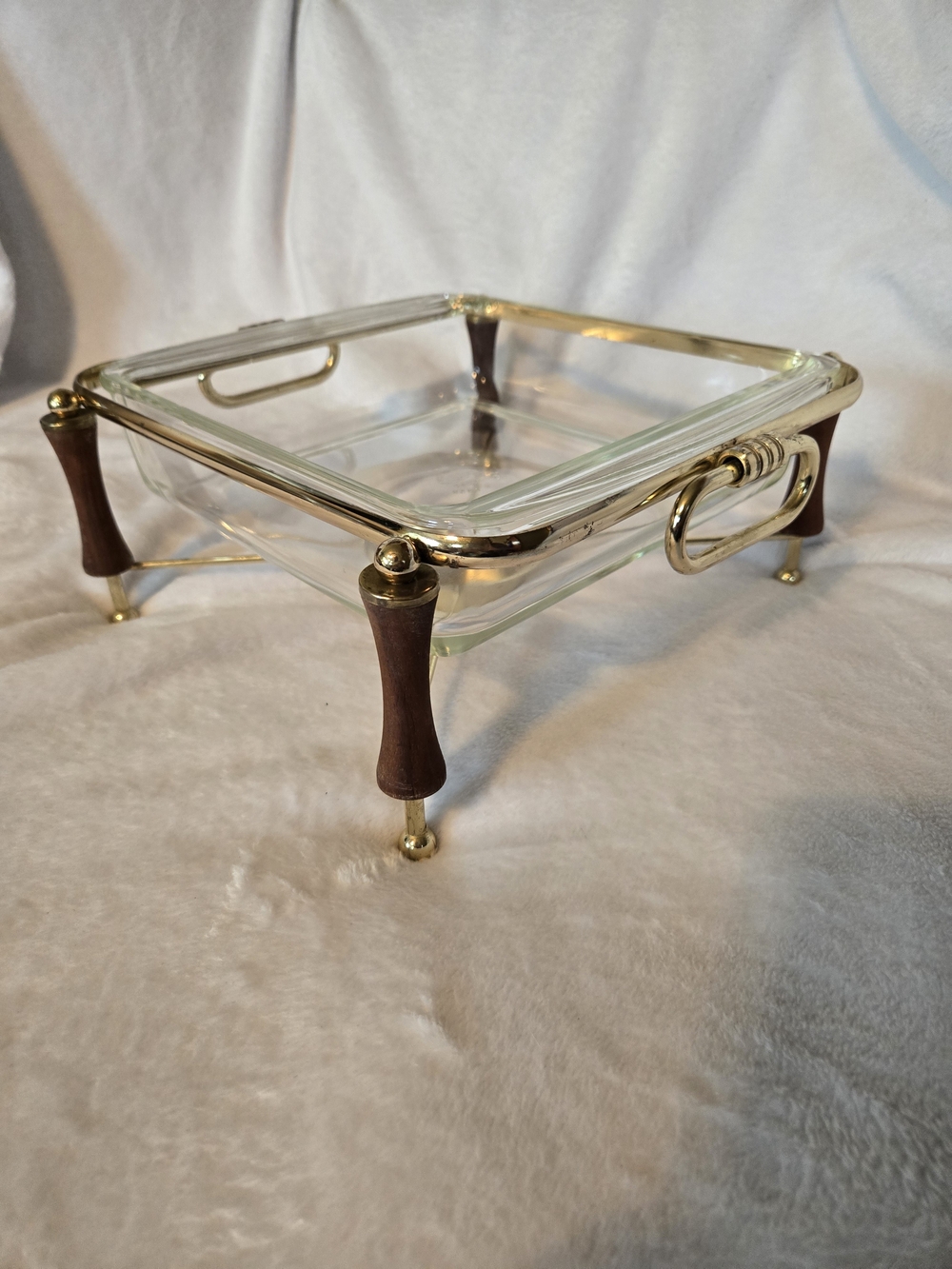 Vintage 1950s Pyrex Dish With Brass And Wood Warming Cradle